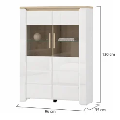 Vetrina Bianco Opaco Marrone Rovere 2 Ripiani 2 Ante 96x35x130h cm, Anta e Ripiani Dettaglio Vetro - Erto