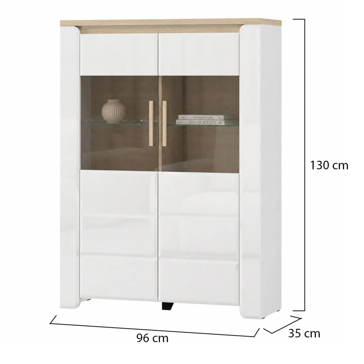 Vetrina Bianco Opaco Marrone Rovere 2 Ripiani 2 Ante 96x35x130h cm, Anta e Ripiani Dettaglio Vetro - Erto