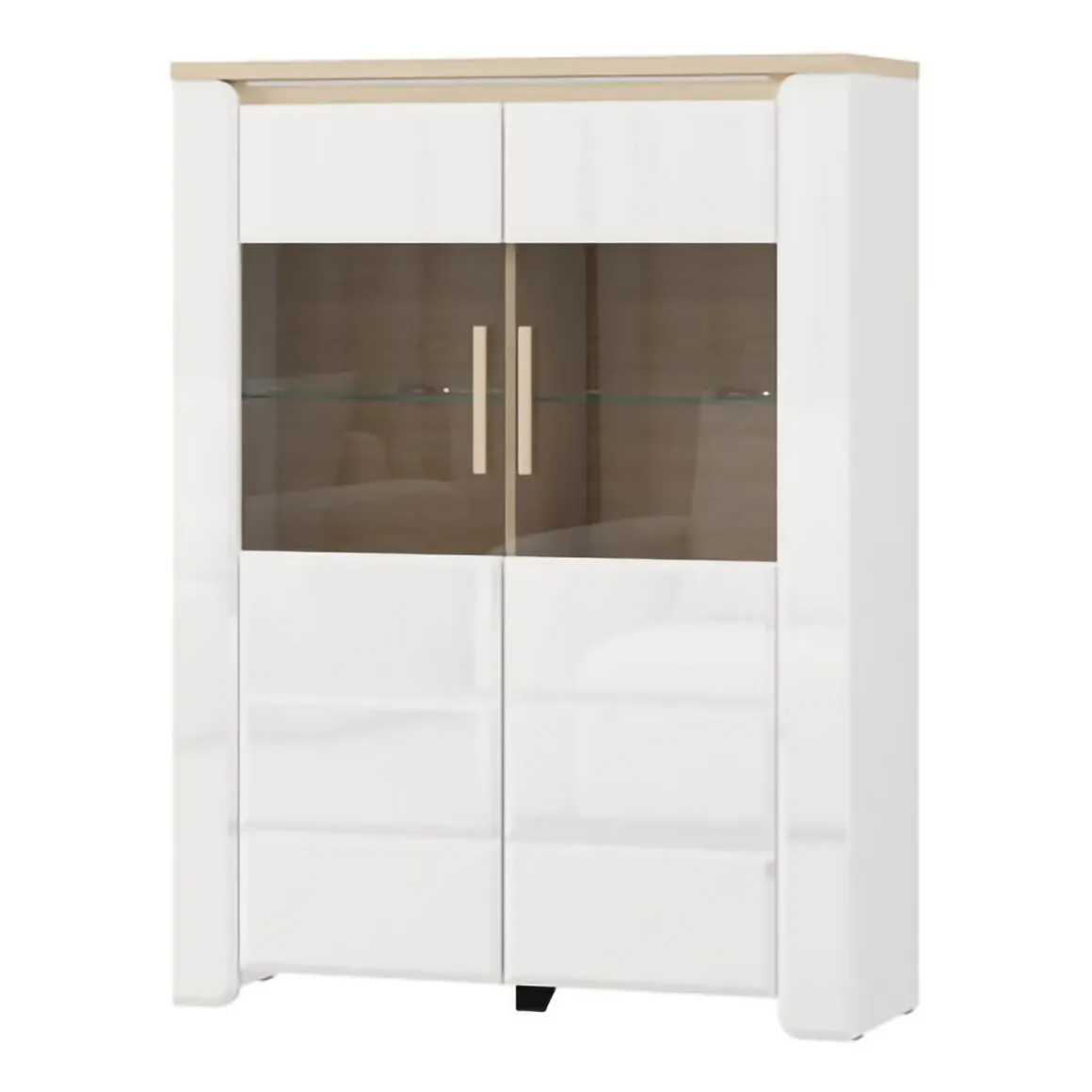 Vetrina Bianco Opaco Marrone Rovere 2 Ripiani 2 Ante 96x35x130h cm, Anta e Ripiani Dettaglio Vetro - Erto