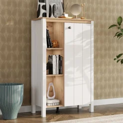 Vetrina Bianco Opaco Marrone Rovere Nodi 4 Ripiani Un'anta 73x34x118h cm, con Piedini - Galdo