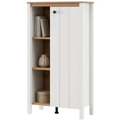 Vetrina Bianco Opaco Marrone Rovere Nodi 4 Ripiani Un'anta 73x34x118h cm, con Piedini - Galdo