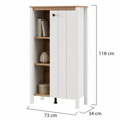 Vetrina Bianco Opaco Marrone Rovere Nodi 4 Ripiani Un'anta 73x34x118h cm, con Piedini - Galdo