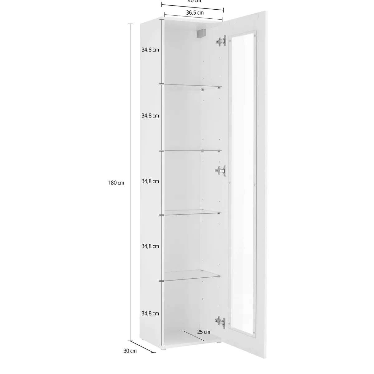 Vetrine > Dmora Vetrina 4 Ripiani Un'anta 40x30x180h cm, 5 Vani - Arnika Bianco
