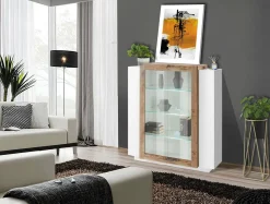 Vetrina Dlamagn, cm 120x45h115, Bianco lucido e Acero