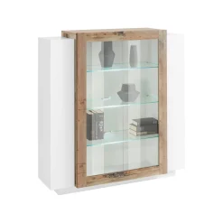 Vetrina Dlamagn, cm 120x45h115, Bianco lucido e Acero