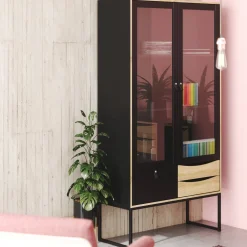 Vetrine > Dmora Vetrina Fabiola, Credenza espositiva, Vetrinetta multiuso, Madia da soggiorno, 40x99 h189 cm, Nero e Quercia Marrone, Nero Quercia