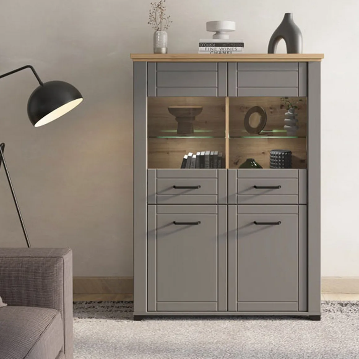 Vetrina Grigio Marrone 6 Ripiani 4 Ante 103.5x41x143h cm, 8 Vani - Sarconi