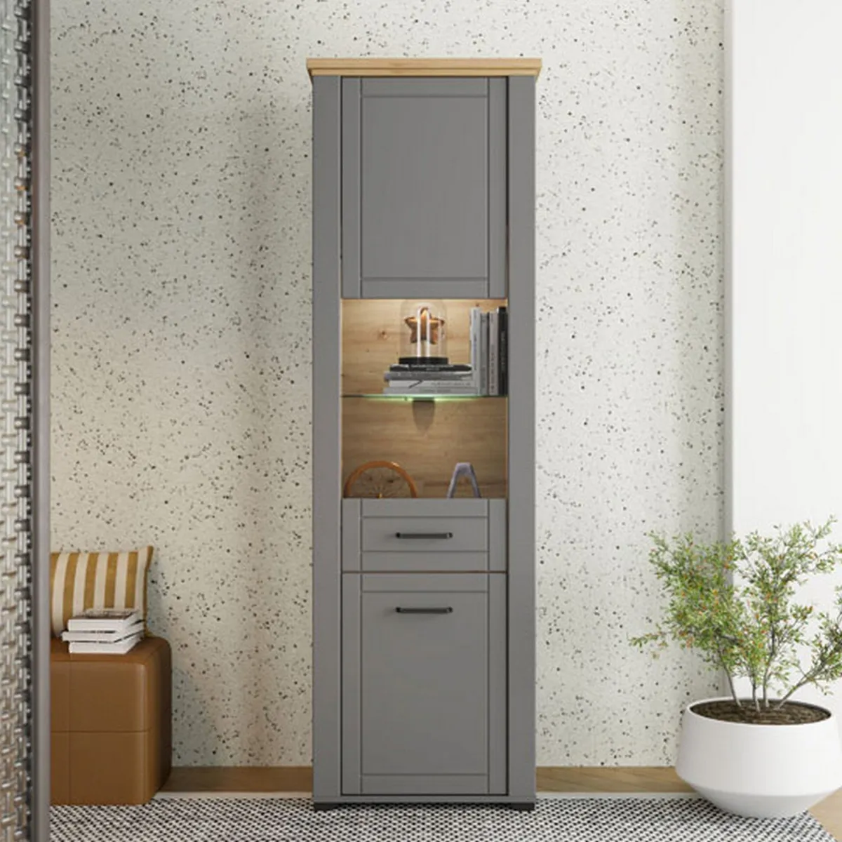 Vetrine > Dmora Vetrina Grigio Marrone Rovere Nodi 4 Ripiani Apertura Battente 60.5x41x194.5h cm, 2 Ante - Piscinas Marrone, Grigio Rovere Nodi