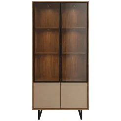 Vetrina Marrone Noce Beige 3 Ripiani 2 Ante 190x40x90h cm, Anta Dettaglio Vetro, con Luci led - Agro