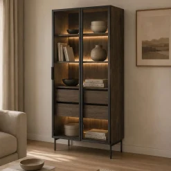 Vetrine > Dmora Vetrina Marrone Noce Trasparente 8 Ripiani 2 Ante 94x40x196h cm, con led - Katiso Trasparente, Marrone Noce
