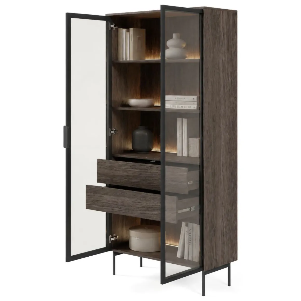 Vetrina Marrone Noce Trasparente 4 Ripiani 2 Cassetti 92x39x195h cm, 2 Ante - Lafafasa