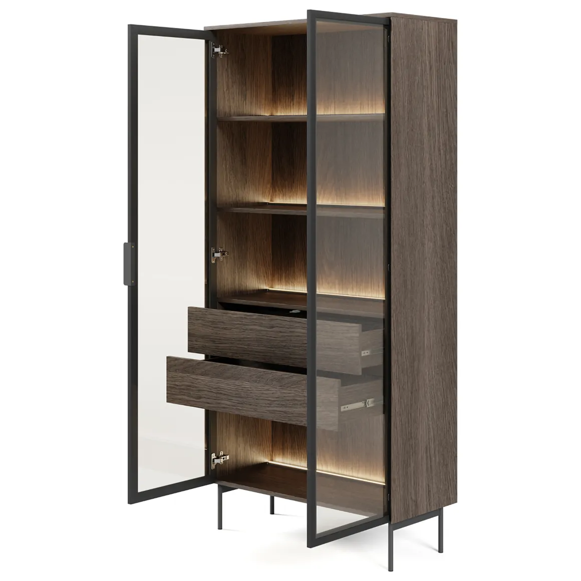 Vetrina Marrone Noce Trasparente 4 Ripiani 2 Cassetti 92x39x195h cm, 2 Ante - Lafafasa