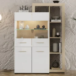 Vetrine > Dmora Vetrina Marrone Rovere Bianco Opaco 3 Ripiani 4 Ante 113x35x157h cm, con Piedini, Anta e Ripiano Dettaglio Vetro - Niel Bianco Opaco, Marrone Rovere