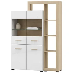 Vetrine > Dmora Vetrina Marrone Rovere Bianco Opaco 3 Ripiani 4 Ante 113x35x157h cm, con Piedini, Anta e Ripiano Dettaglio Vetro - Niel Bianco Opaco, Marrone Rovere