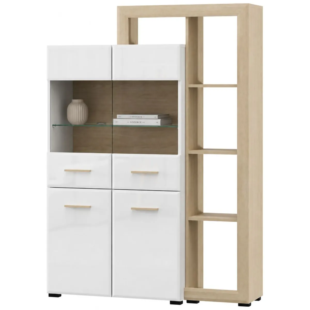 Vetrine > Dmora Vetrina Marrone Rovere Bianco Opaco 3 Ripiani 4 Ante 113x35x157h cm, con Piedini, Anta e Ripiano Dettaglio Vetro - Niel Bianco Opaco, Marrone Rovere