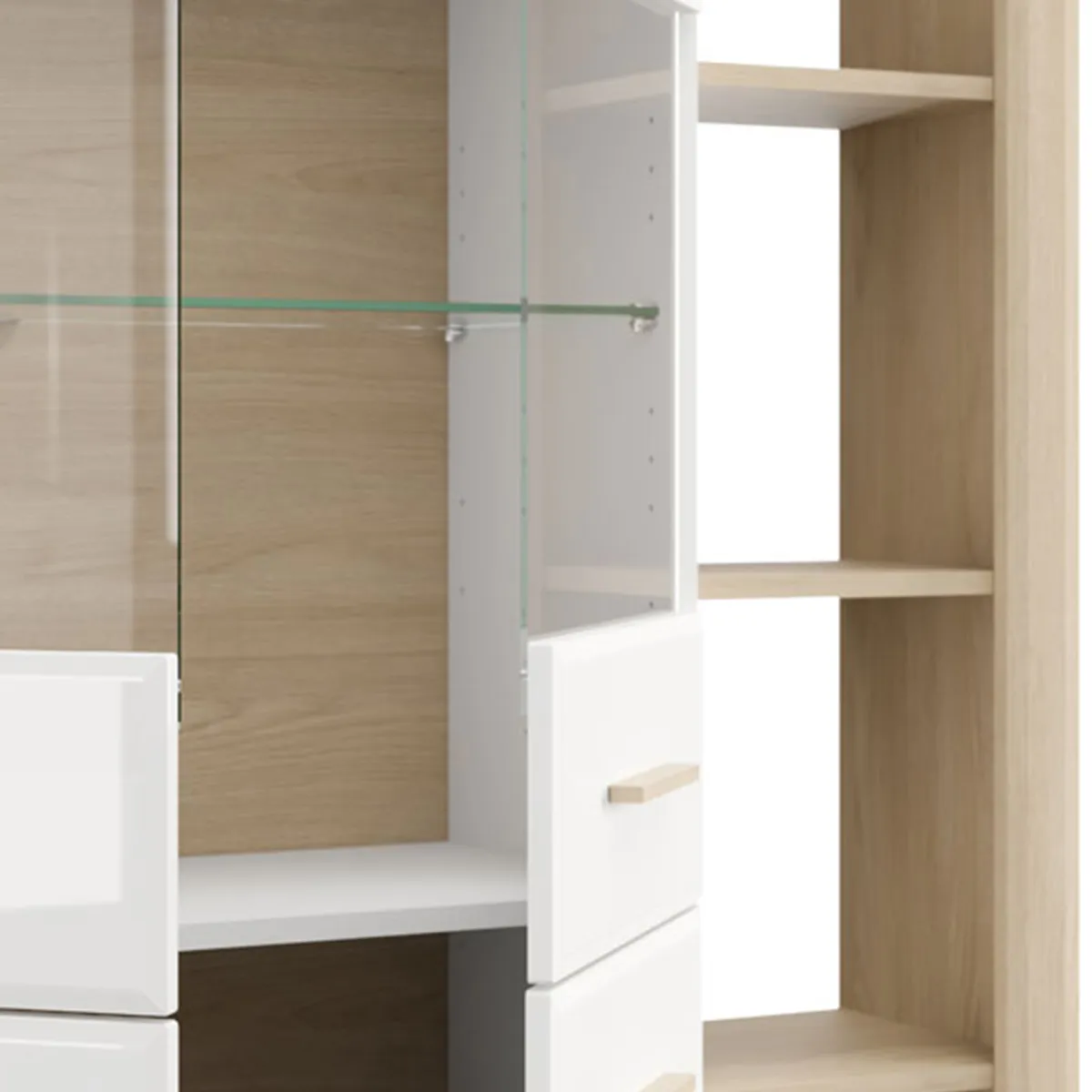 Vetrine > Dmora Vetrina Marrone Rovere Bianco Opaco 3 Ripiani 4 Ante 113x35x157h cm, con Piedini, Anta e Ripiano Dettaglio Vetro - Niel Bianco Opaco, Marrone Rovere