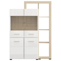 Vetrine > Dmora Vetrina Marrone Rovere Bianco Opaco 3 Ripiani 4 Ante 113x35x157h cm, con Piedini, Anta e Ripiano Dettaglio Vetro - Niel Bianco Opaco, Marrone Rovere
