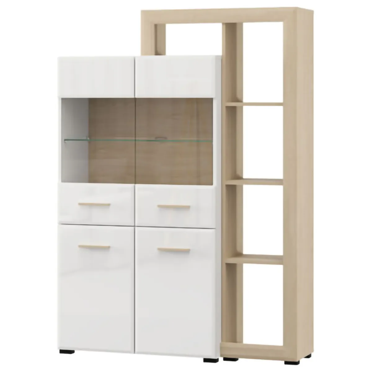 Vetrine > Dmora Vetrina Marrone Rovere Bianco Opaco 3 Ripiani 4 Ante 113x35x157h cm, con Piedini, Anta e Ripiano Dettaglio Vetro - Niel Bianco Opaco, Marrone Rovere