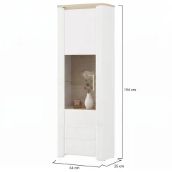 Vetrina Marrone Rovere Bianco Opaco 5 Ripiani Un'anta 64x35x194h cm, Anta e Ripiano Dettaglio Vetro - Cibiana