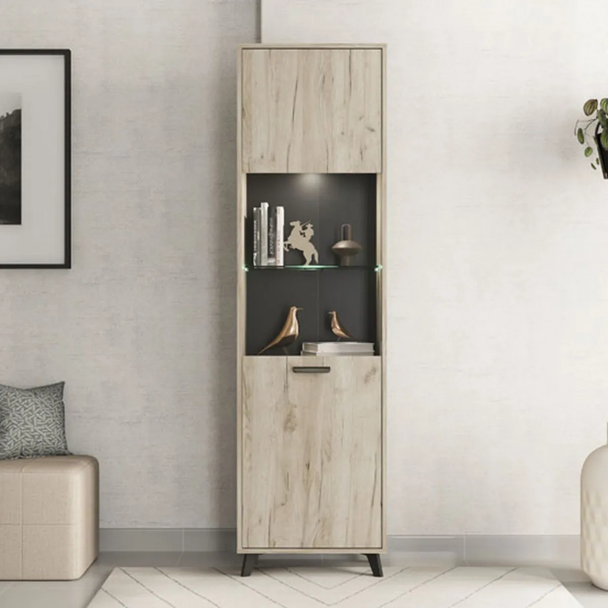 Vetrine > Dmora Vetrina Marrone Rovere Chiaro Nero 4 Ripiani Apertura Battente 53.5x33x191.5h cm, Un'anta - Raggiolo Nero, Marrone Rovere chiaro