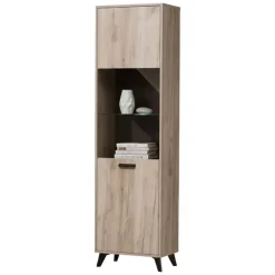 Vetrine > Dmora Vetrina Marrone Rovere Chiaro Nero 4 Ripiani Apertura Battente 53.5x33x191.5h cm, Un'anta - Raggiolo Nero, Marrone Rovere chiaro