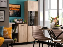 Vetrine > Dmora Vetrina Marrone Rovere Chiaro Nero 4 Ripiani Apertura Battente 53.5x33x191.5h cm, Un'anta - Raggiolo Nero, Marrone Rovere chiaro