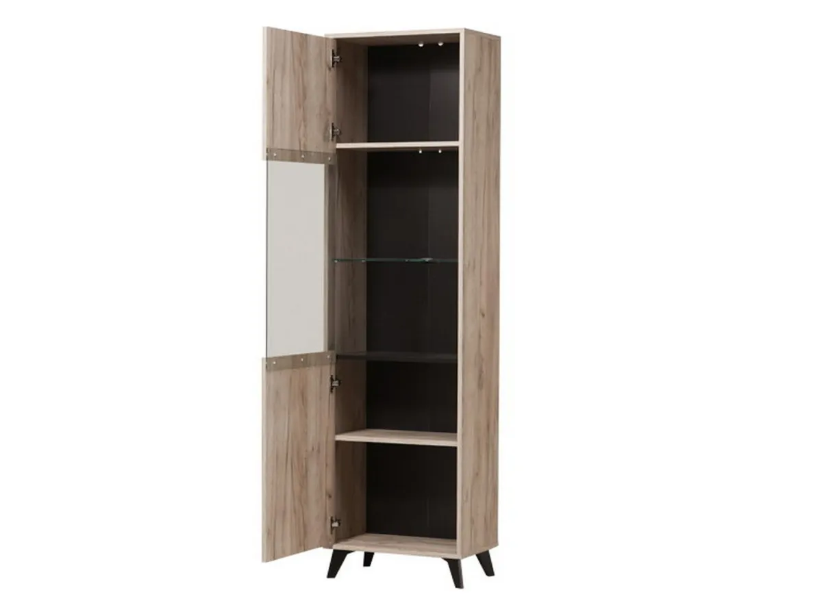 Vetrine > Dmora Vetrina Marrone Rovere Chiaro Nero 4 Ripiani Apertura Battente 53.5x33x191.5h cm, Un'anta - Raggiolo Nero, Marrone Rovere chiaro