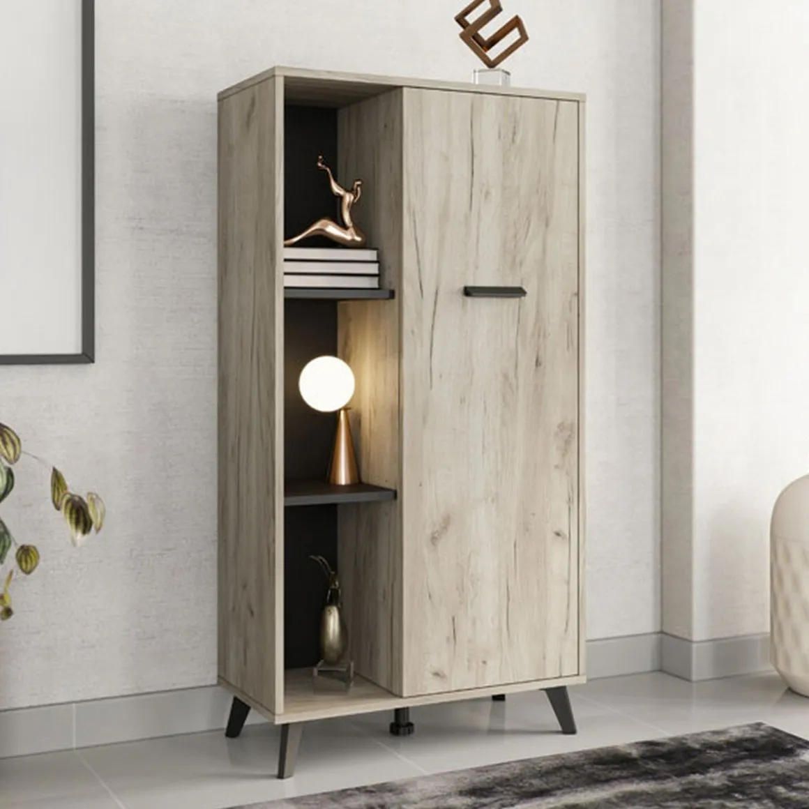 Vetrina Marrone Rovere Chiaro Nero 4 Ripiani Un'anta 67.5x33x130.5h cm, 6 Vani - Dolzago
