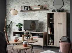 Vetrina Marrone Rovere Chiaro Nero 4 Ripiani Un'anta 67.5x33x130.5h cm, 6 Vani - Dolzago