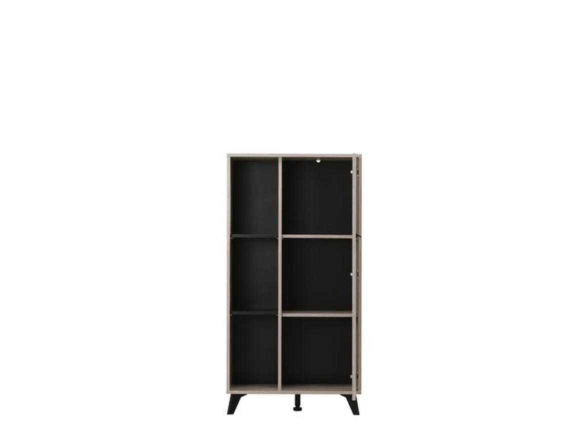 Vetrina Marrone Rovere Chiaro Nero 4 Ripiani Un'anta 67.5x33x130.5h cm, 6 Vani - Dolzago