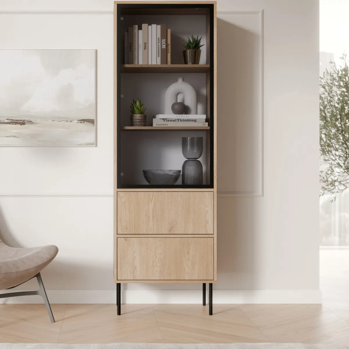 Vetrine > Dmora Vetrina Marrone Rovere Nero 2 Ripiani 2 Cassetti 60x40x185h cm, Un'anta - Zanica Nero, Marrone Rovere