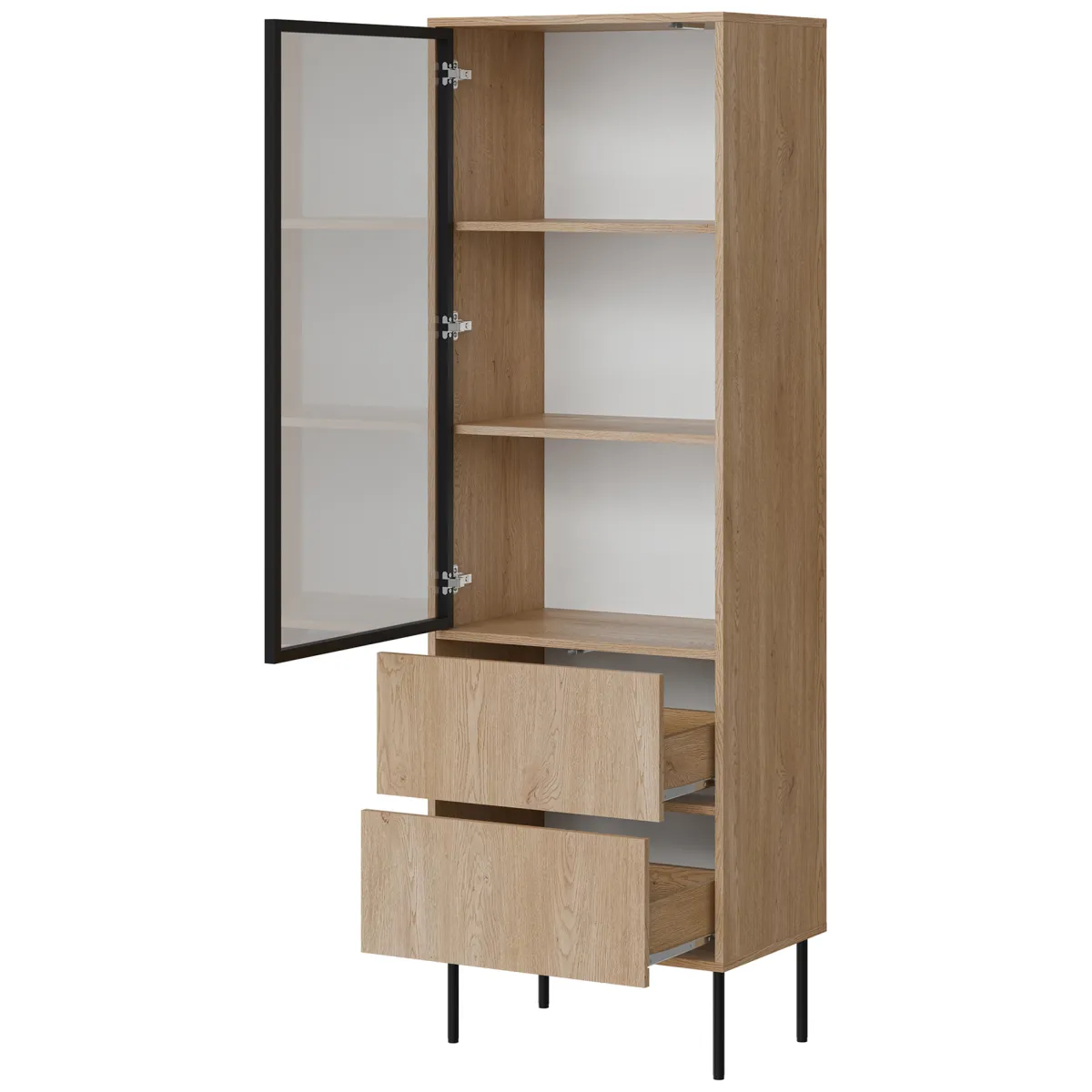 Vetrine > Dmora Vetrina Marrone Rovere Nero 2 Ripiani 2 Cassetti 60x40x185h cm, Un'anta - Zanica Nero, Marrone Rovere