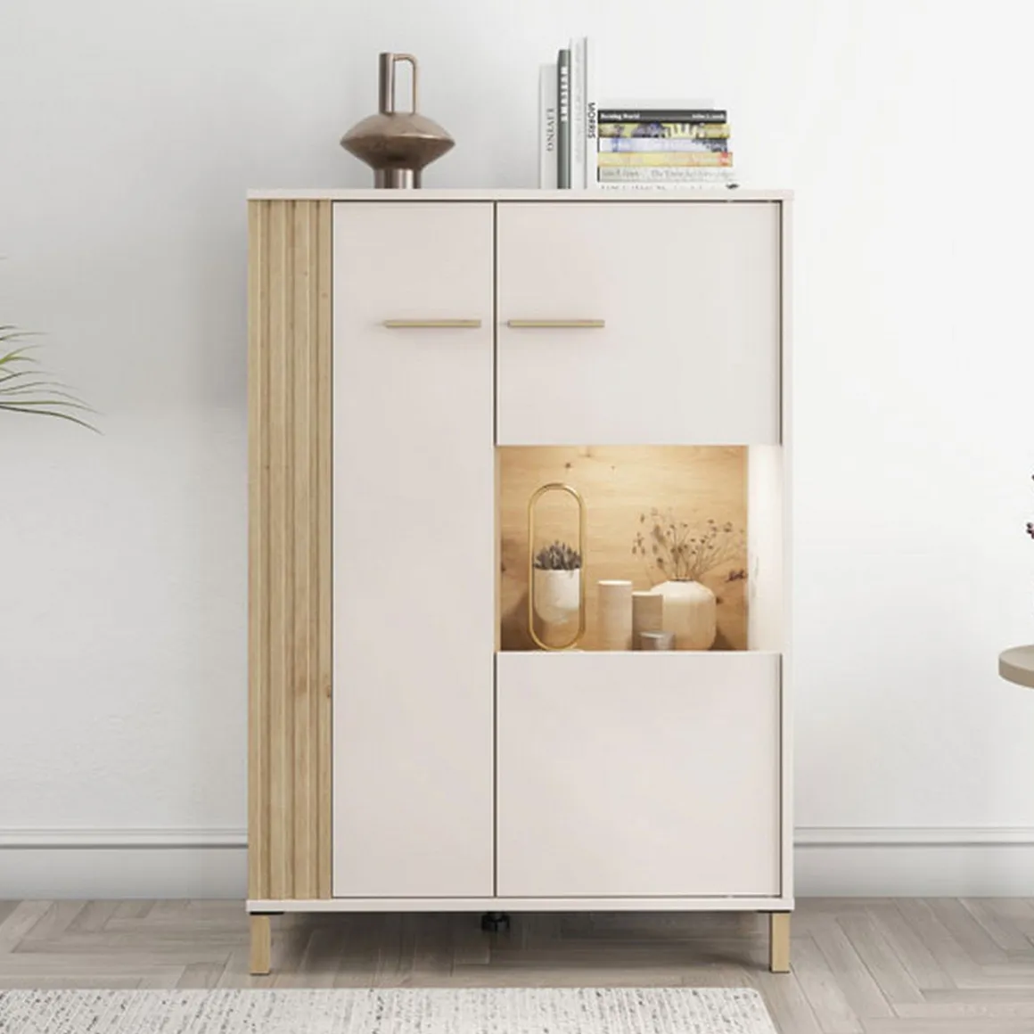 Vetrina Marrone Rovere Nodi Beige 4 Ripiani Apertura Battente 85x40x122h cm, 2 Ante - Orune