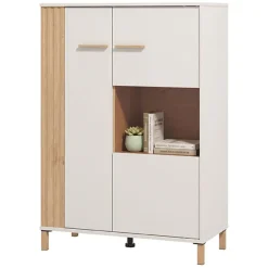 Vetrine > Dmora Vetrina Marrone Rovere Nodi Beige 4 Ripiani Cassetti 59.5x40x192.5h cm, Un'anta - Mondaino Beige, Marrone Rovere Nodi