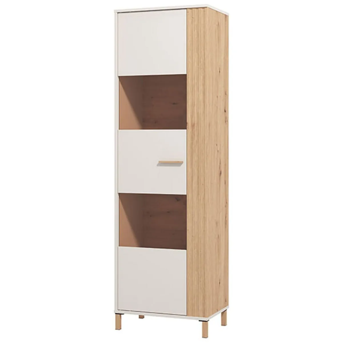 Vetrine > Dmora Vetrina Marrone Rovere Nodi Beige 4 Ripiani Cassetti 59.5x40x192.5h cm, Un'anta - Mondaino Beige, Marrone Rovere Nodi
