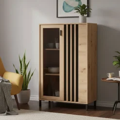 Vetrine > Dmora Vetrina Marrone Rovere Nodi Nero 4 Ripiani 2 Ante 55x40x193h cm, con Piedini, Anta e Ripiano Dettaglio Vetro - Ovodda Nero, Marrone Rovere Nodi