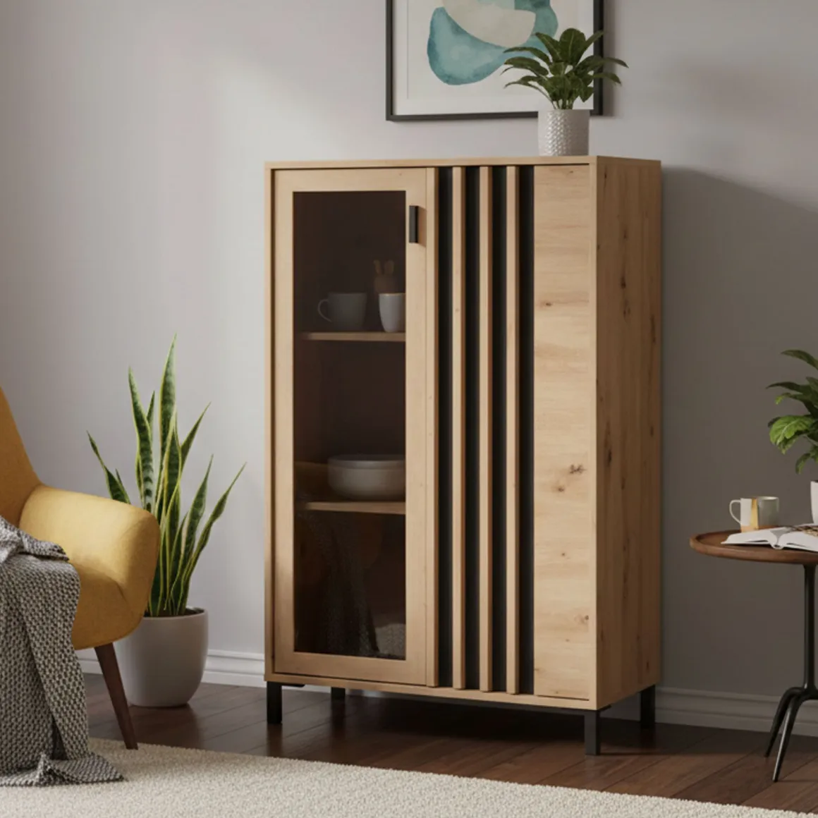 Vetrine > Dmora Vetrina Marrone Rovere Nodi Nero 4 Ripiani 2 Ante 55x40x193h cm, con Piedini, Anta e Ripiano Dettaglio Vetro - Ovodda Nero, Marrone Rovere Nodi