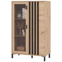 Vetrine > Dmora Vetrina Marrone Rovere Nodi Nero 4 Ripiani 2 Ante 55x40x193h cm, con Piedini, Anta e Ripiano Dettaglio Vetro - Ovodda Nero, Marrone Rovere Nodi
