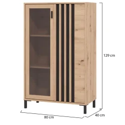 Vetrine > Dmora Vetrina Marrone Rovere Nodi Nero 4 Ripiani 2 Ante 55x40x193h cm, con Piedini, Anta e Ripiano Dettaglio Vetro - Ovodda Nero, Marrone Rovere Nodi