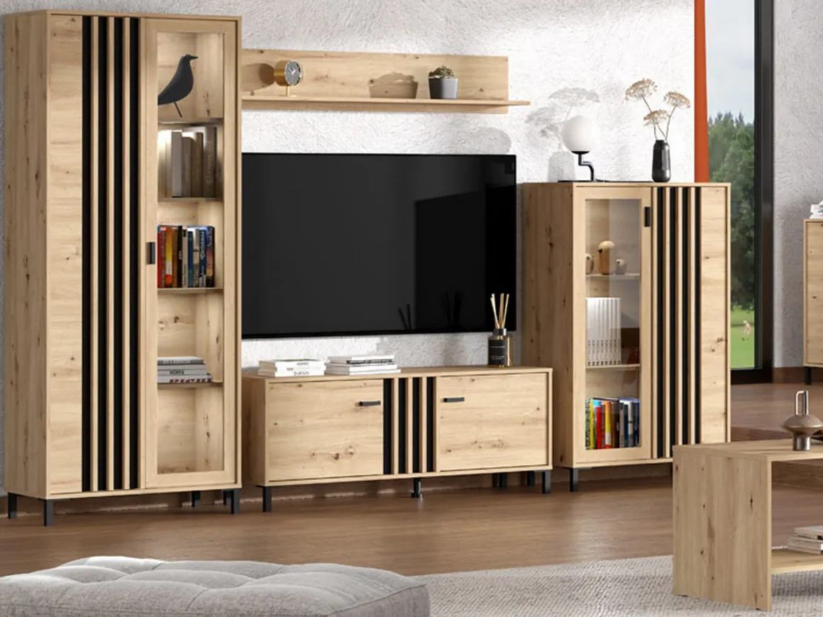 Vetrine > Dmora Vetrina Marrone Rovere Nodi Nero 4 Ripiani 2 Ante 55x40x193h cm, con Piedini, Anta e Ripiano Dettaglio Vetro - Ovodda Nero, Marrone Rovere Nodi