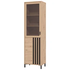 Vetrine > Dmora Vetrina Marrone Rovere Nodi Nero 4 Ripiani Apertura Battente 54.5x40x195h cm, 2 Ante - Sorisole Nero, Marrone Rovere Nodi