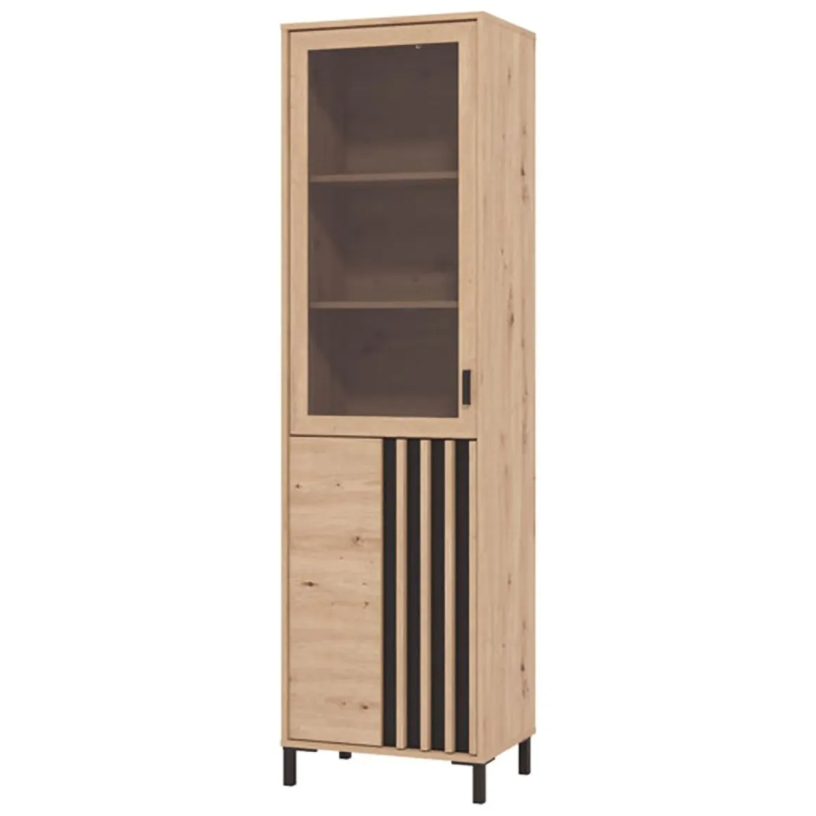 Vetrine > Dmora Vetrina Marrone Rovere Nodi Nero 4 Ripiani Apertura Battente 54.5x40x195h cm, 2 Ante - Sorisole Nero, Marrone Rovere Nodi