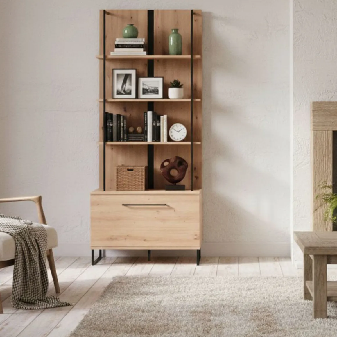 Vetrine > Dmora Vetrina Marrone Rovere Nodi Nero 4 Ripiani Un'anta 55x40x193h cm, con Piedini - Calto Nero, Marrone Rovere Nodi
