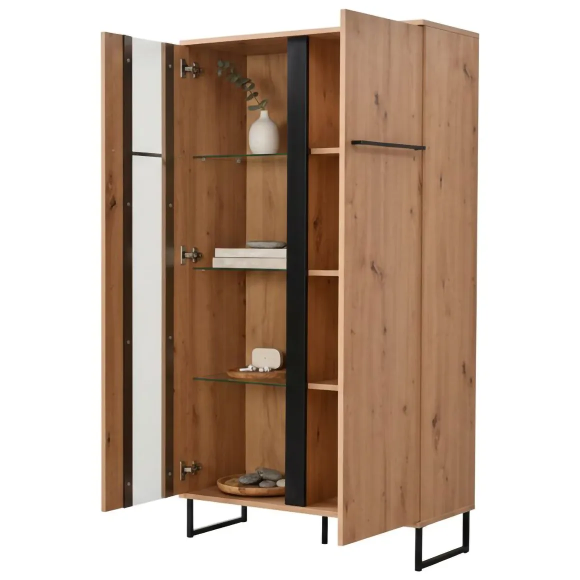 Vetrine > Dmora Vetrina Marrone Rovere Nodi Nero 8 Ripiani Apertura Battente 84.5x35x193.5h cm, 4 Ante - Gissi Nero, Marrone Rovere Nodi