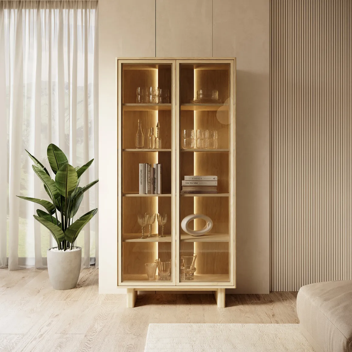 Vetrina Marrone Rovere Trasparente Rovere 4 Ripiani 2 Ante 94x38x195h cm, con led - Hasa