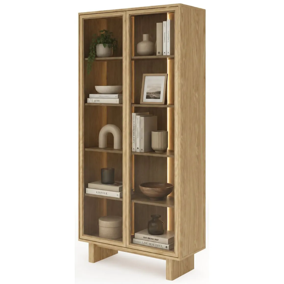 Vetrina Marrone Rovere Trasparente Rovere 4 Ripiani 2 Ante 94x38x195h cm, con led - Hasa