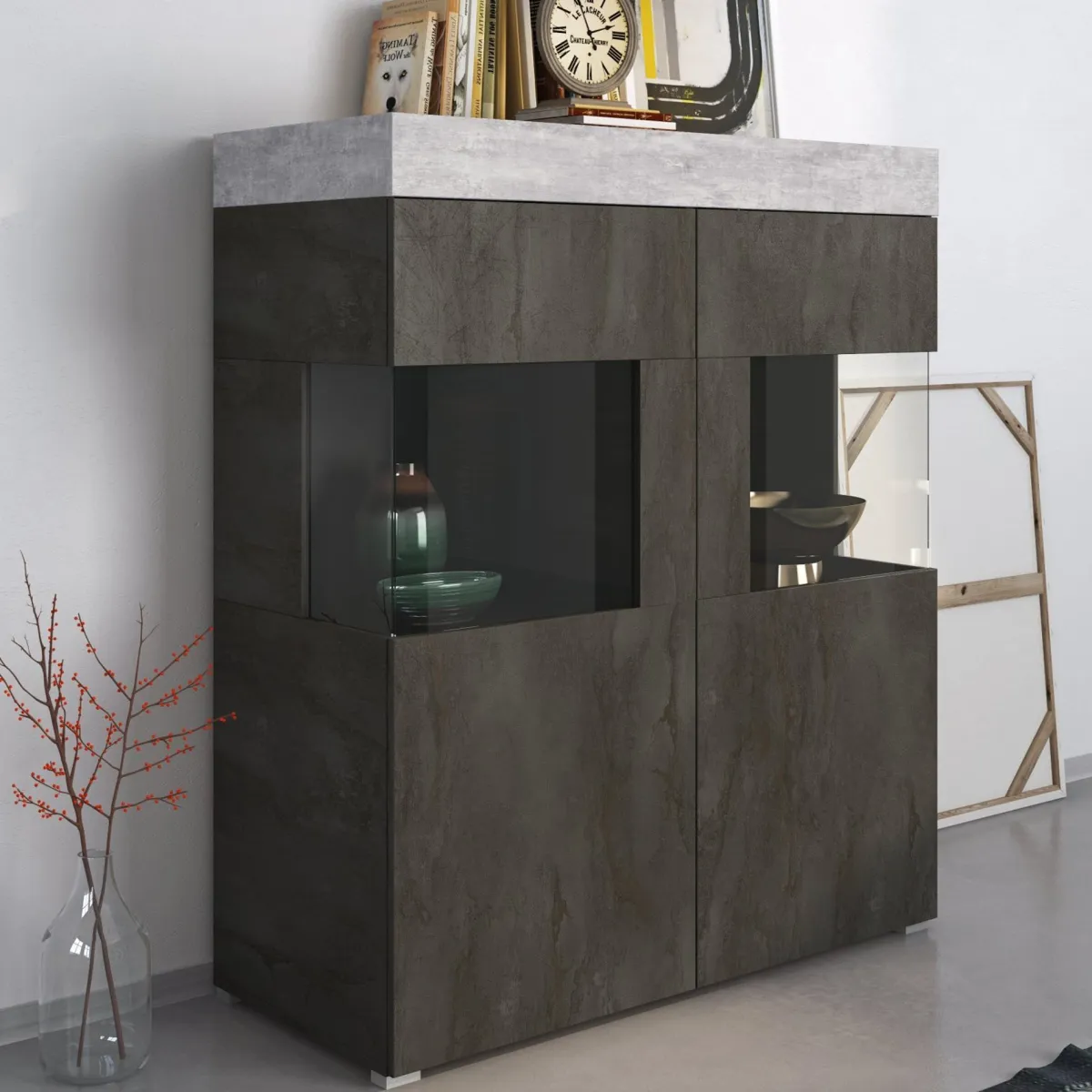 Vetrine > Dmora Vetrina Nero Antracite Grigio Cemento 2 Ripiani Cassetti 118x51x140h cm, 2 Ante - Cantiano Grigio Cemento, Nero Antracite