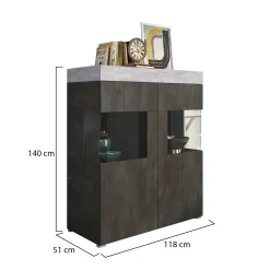 Vetrine > Dmora Vetrina Nero Antracite Grigio Cemento 2 Ripiani Cassetti 118x51x140h cm, 2 Ante - Cantiano Grigio Cemento, Nero Antracite