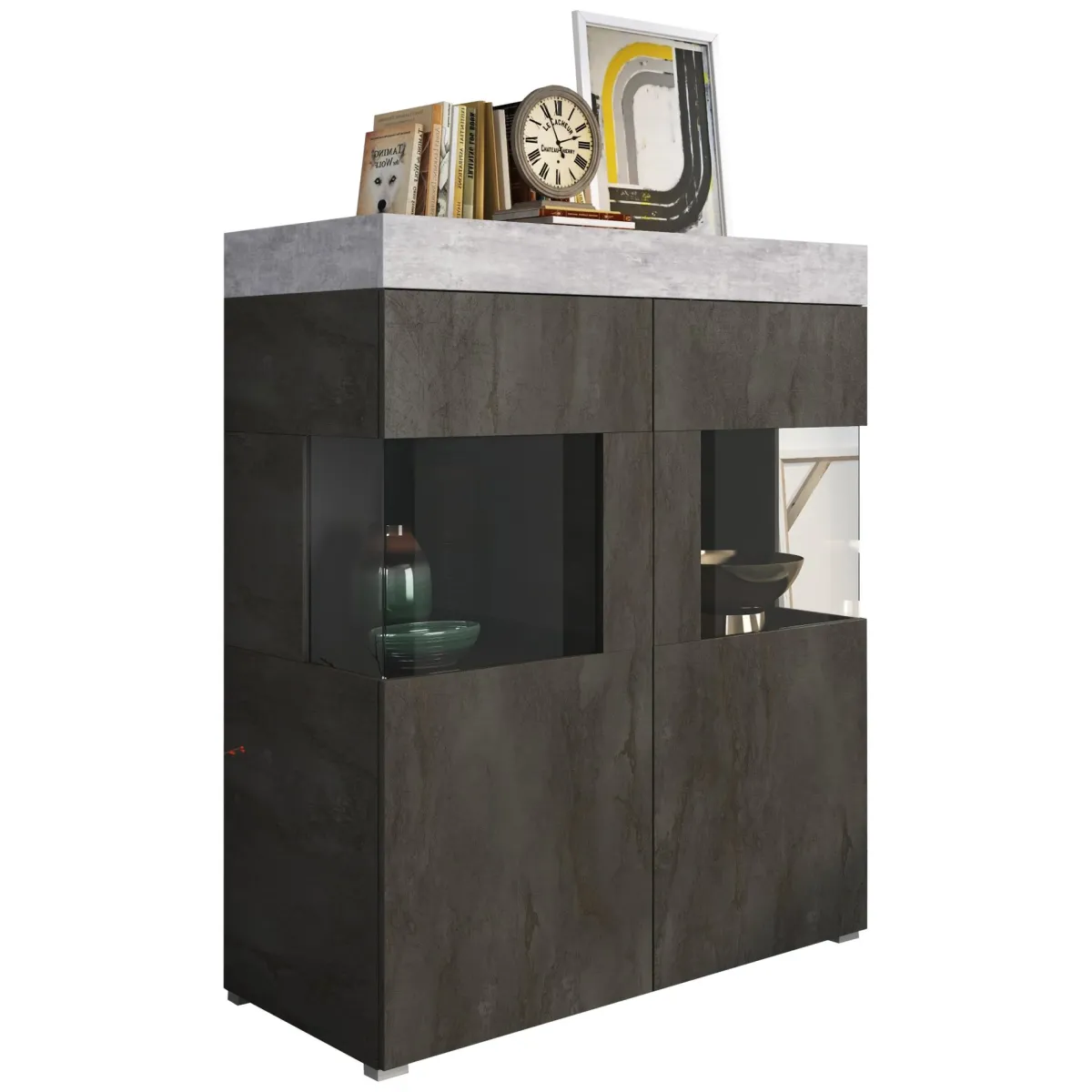 Vetrine > Dmora Vetrina Nero Antracite Grigio Cemento 2 Ripiani Cassetti 118x51x140h cm, 2 Ante - Cantiano Grigio Cemento, Nero Antracite