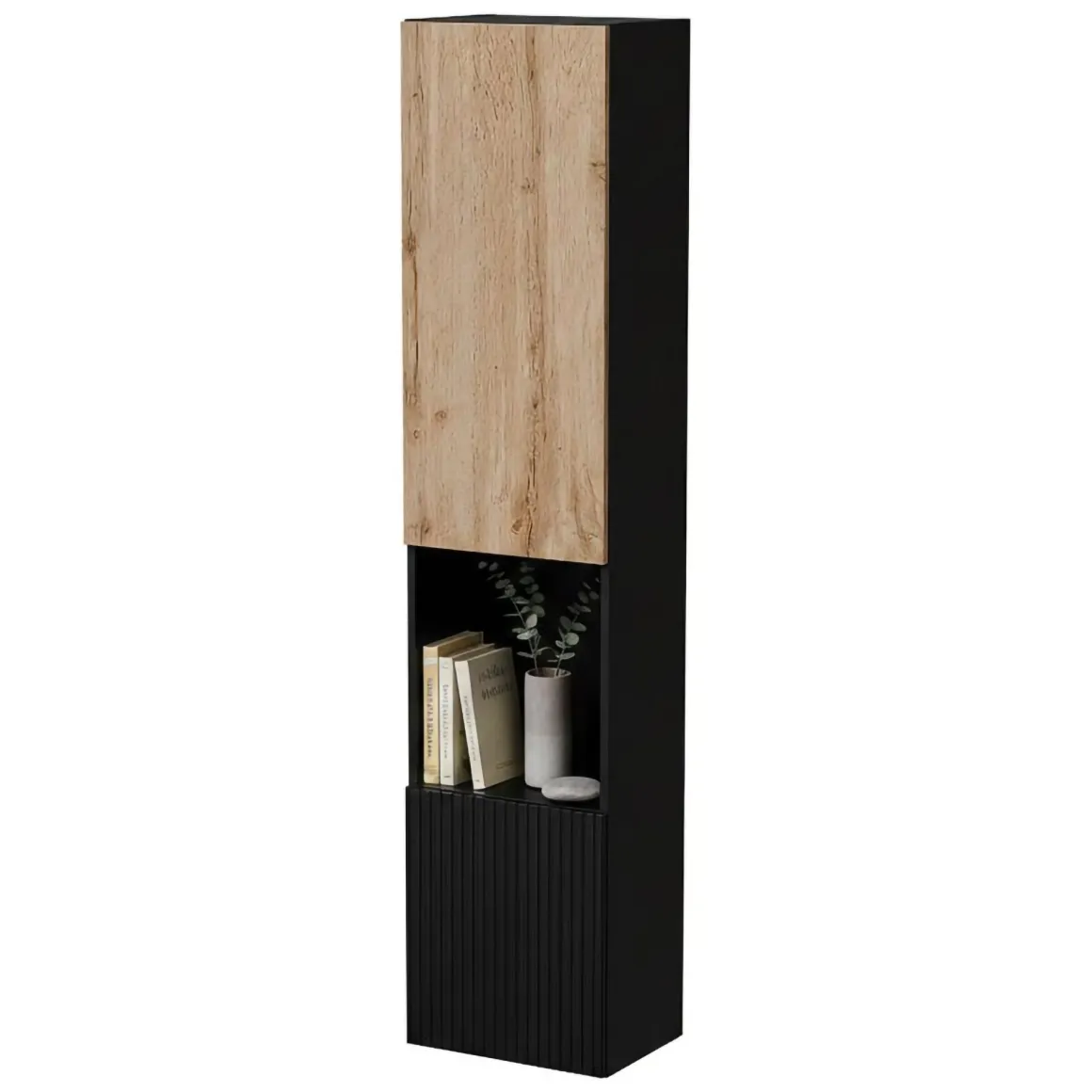 Vetrine > Dmora Vetrina Nero Antracite Marrone Rovere 4 Ripiani Un'anta 39.9x29.8x180h cm, Apertura Push Pull - Longano Marrone Rovere, Nero Antracite